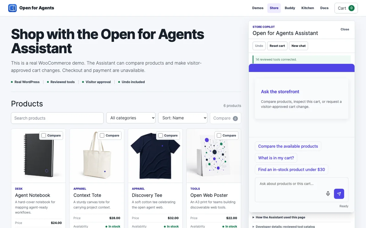 Open for Agents Storefront Assistant comparing products beside a live WooCommerce catalog