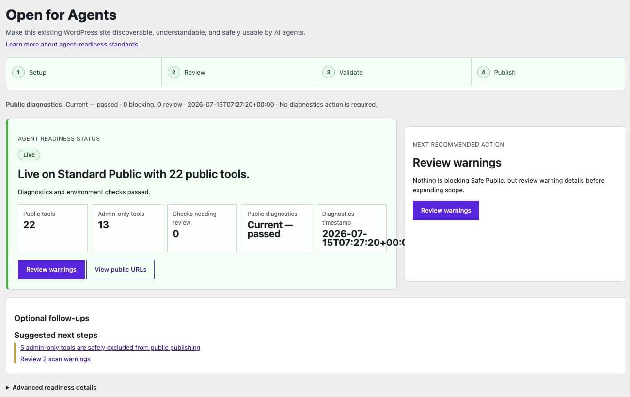 Open for Agents Setup dashboard showing live Standard Public readiness and current passing diagnostics