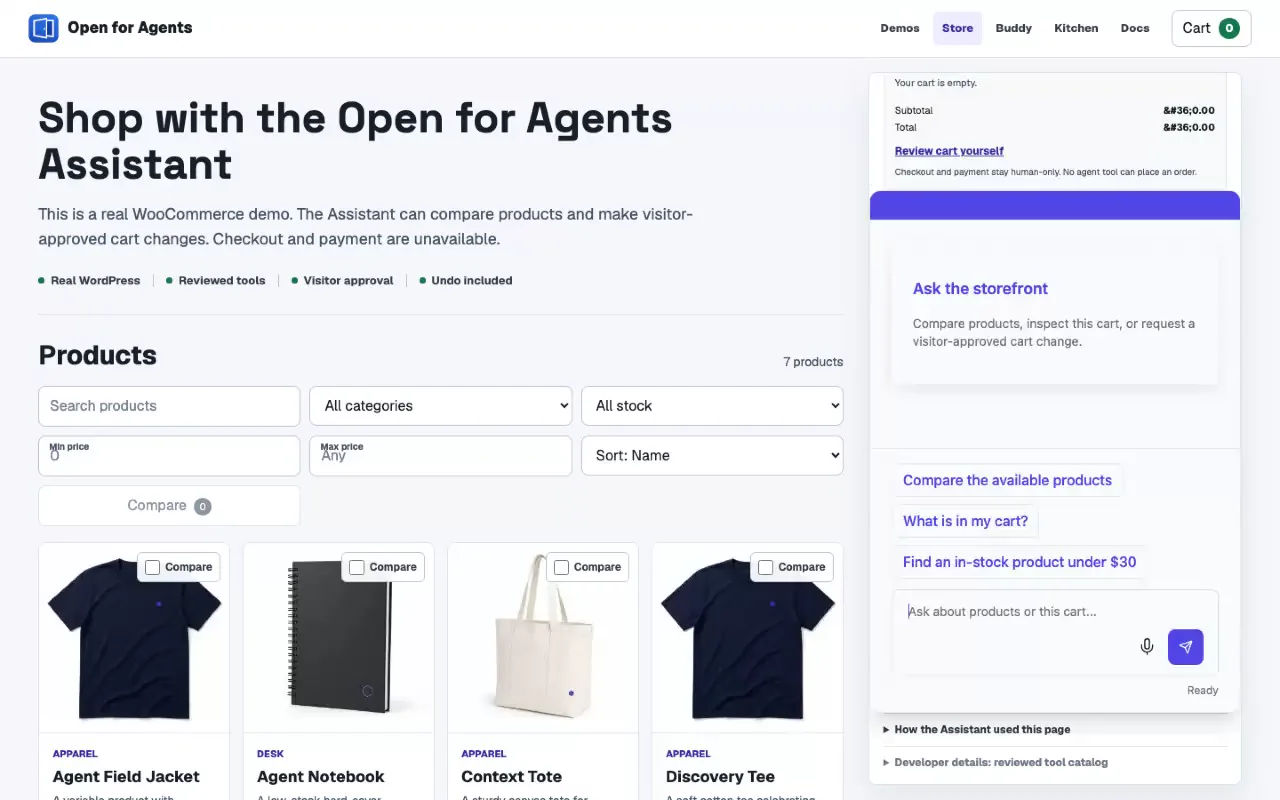 The Storefront Assistant proposes, confirms, applies, and undoes a real cart change